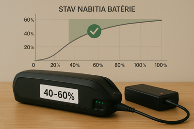 E-bike akkumulátor tárolása 20 °C-on, 45% páratartalommal (40–60% töltöttség ajánlott).