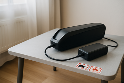 E-bike akkumulátor biztonságos töltése nem éghető felületen, figyelmeztető ikonokkal.