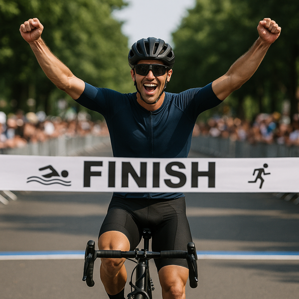 Célvonalon áthaladó, győzelmet ünneplő kerékpáros